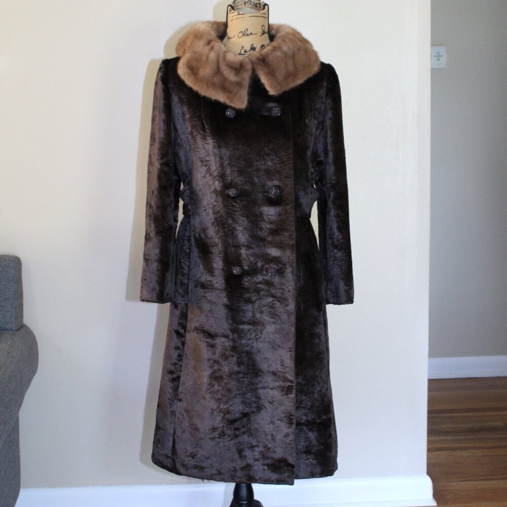 Vintage 60s Chocolate Brown Faux Fur Mink Collar 3/4 Sleeve Coat Women's M